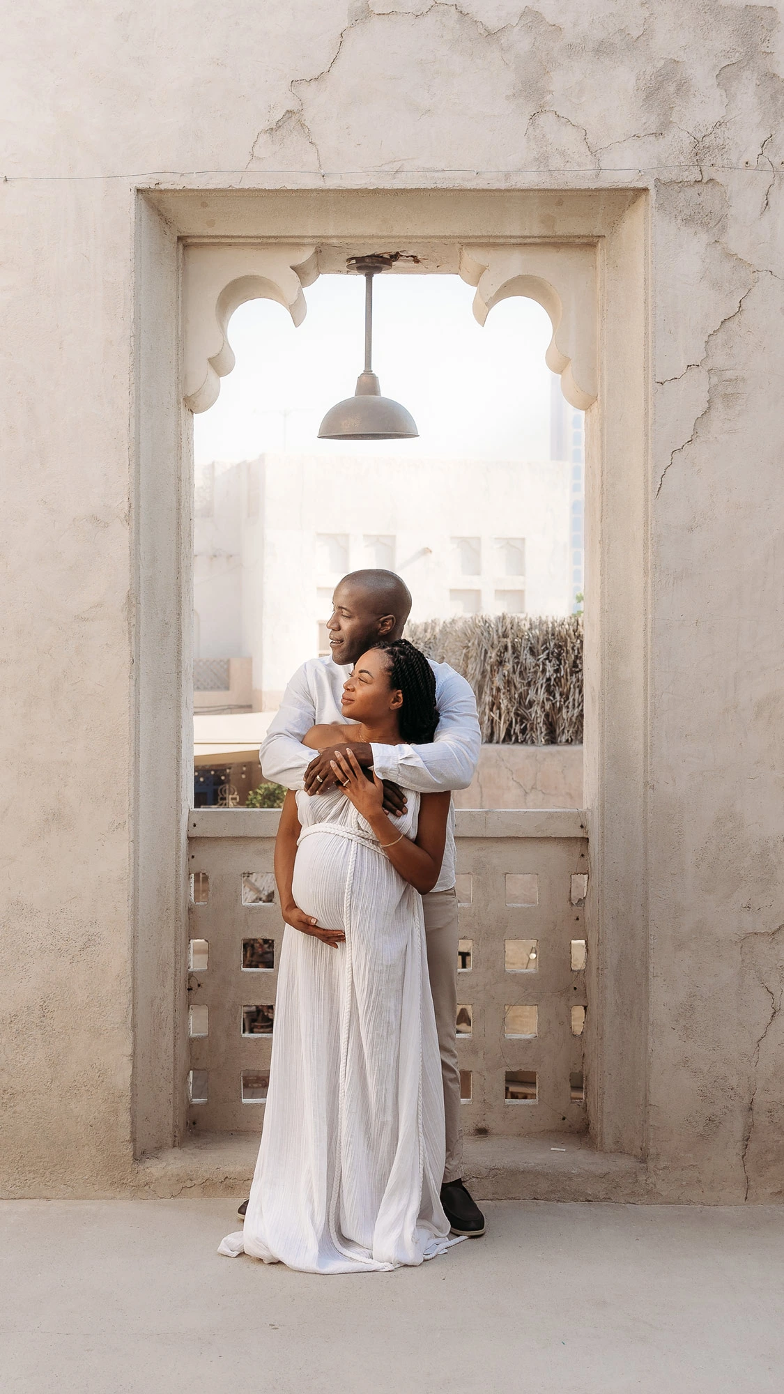 Dubai Family Photographer Al Seef Standing Maternity Textured Walls